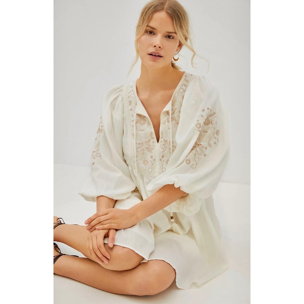 Anthropologie Viveka Embroidered Lace Puff Sleeve Mini Dress In Ivory White NWT - Picture 5 of 13
